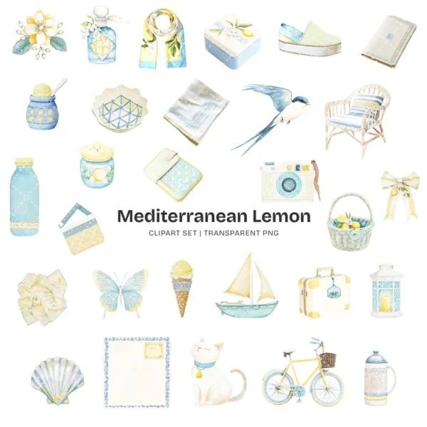 Mediterranean Lemon Clipart Set – Italian Lemon Grove PNG Illustrations, Citrus Summer Graphics, Market Basket, Sunny Days, Digital Download