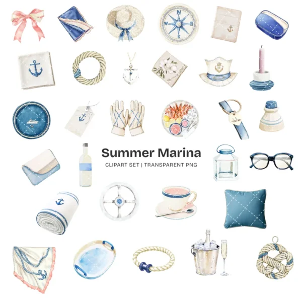 Summer Marina Clipart Set – Luxury Yacht PNG Illustrations, Coastal Fashion Graphics, Champagne, Docks, Nautical Lifestyle, Digital Download