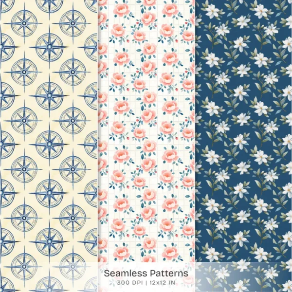 Summer Marina Seamless Patterns, Floral Peony JPEG, Yacht Pattern, Ship Wheel, Anchor, Nautical Repeating Pattern, Digital Scrapbook Paper