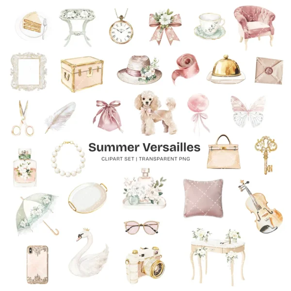 Summer Versailles Clipart Set – French Garden PNG Illustrations, Palace Fountain Hedges Graphics, Elegant Floral, Digital Download