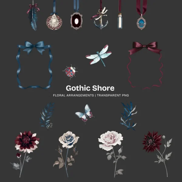Gothic Shore Floral Arrangements, Dark Floral PNG, Dahlia Bouquet, Rose Floral Art, Gothic Decor, Ornaments, Digital Download