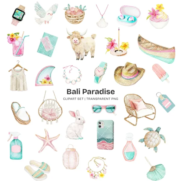 Bali Paradise Clipart Set – Tropical Beach PNG Illustrations, Summer Vacation Graphics, Coastal Clipart, Palm Trees Drinks, Digital Download
