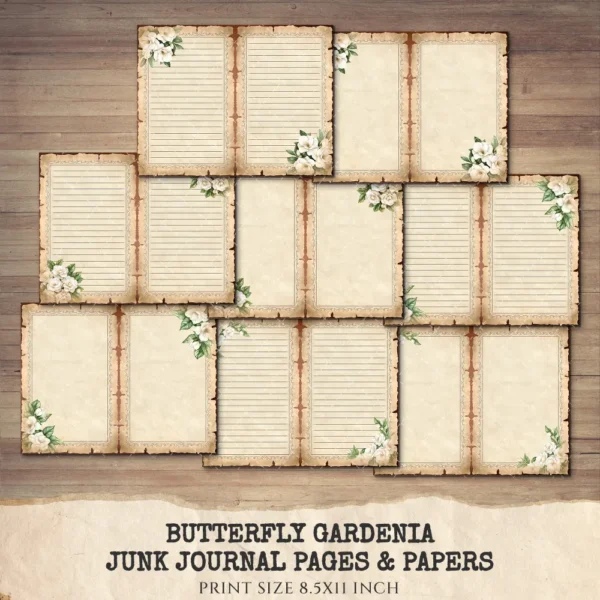 Butterfly Gardenia Junk Journal Pages & Papers – Gardenia Flower, Butterfly Garden Printable, Wedding Scrapbook, Floral, Digital Download