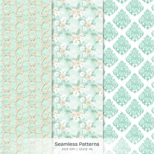 Coastal Glow Seamless Patterns, Summer Floral JPEG, Beach Lanterns Pattern, Seashell Clusters Repeating Pattern, Digital Scrapbook Paper