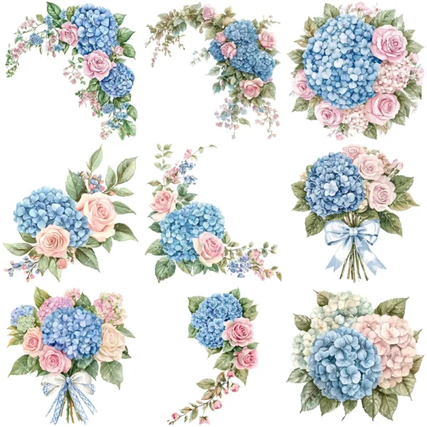 Grandmillennial Garden Floral Arrangements, Blue Floral PNG, Hydrangeas Bouquet, Springtime Art, Floral Decor, Ornaments, Digital Download