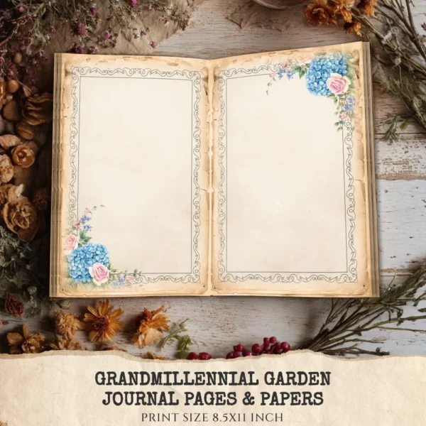 Grandmillennial Garden Junk Journal Pages & Papers – Hydrangeas Flower, Floral Garden Printable, Botanical Scrapbook, Digital Download