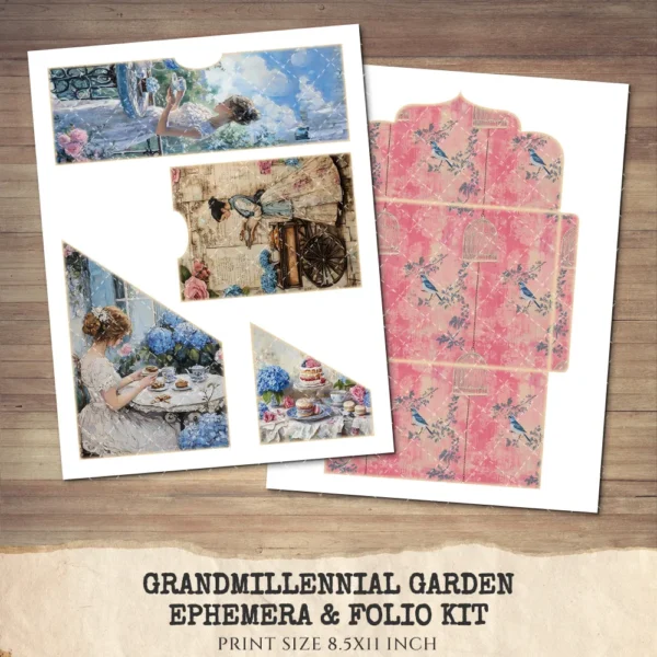 Grandmillennial Garden Ephemera & Folio Kit – Hydrangea Garden, Botanical Printables, Vintage, Blue Floral Tags, Kits, Digital Download