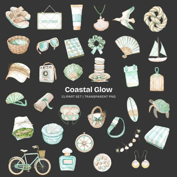Coastal Glow Clipart Set – Seaside Summer PNG Illustrations, Seashells Clusters, Tropical Beach Graphics, Sandy Paths, Digital Download