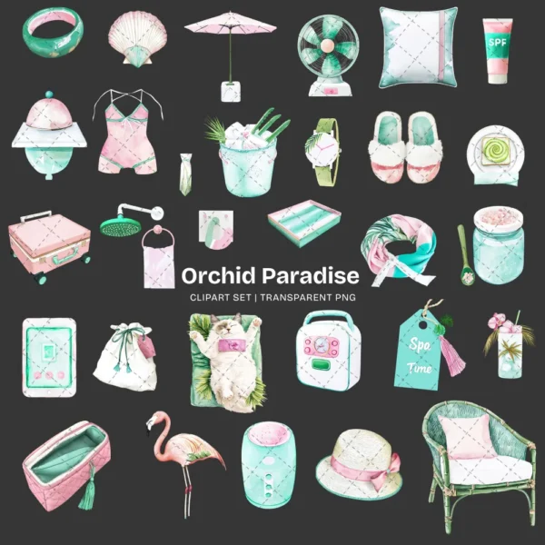Orchid Paradise Clipart Set – Tropical Vacation PNG Illustrations, Summer Resort Graphics, Poolside Drinks, Spa, Digital Download