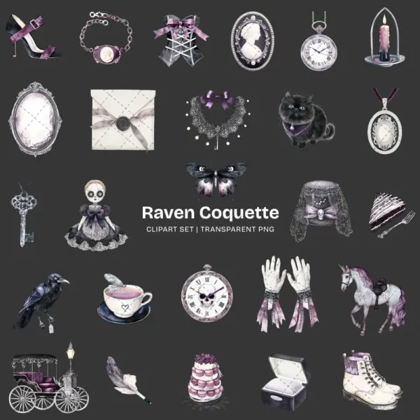 Raven Coquette Clipart Set – Dark Academia PNG Illustrations, Victorian Lace Graphics, Elegant Gothic, Moody Florals, Digital Download