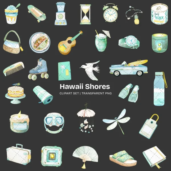 Hawaii Shores Clipart Set – Tropical Beach PNG Illustrations, Coastal Summer Graphics, Island Houses Surfboards Seashells, Digital Download