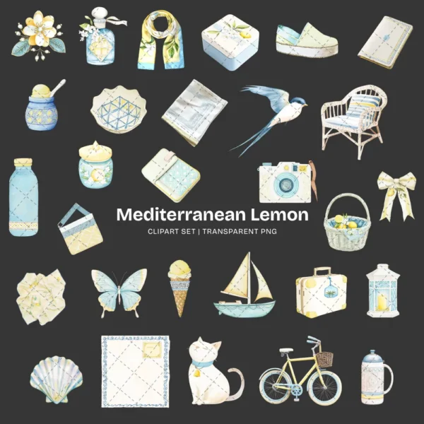 Mediterranean Lemon Clipart Set – Italian Lemon Grove PNG Illustrations, Citrus Summer Graphics, Market Basket, Sunny Days, Digital Download
