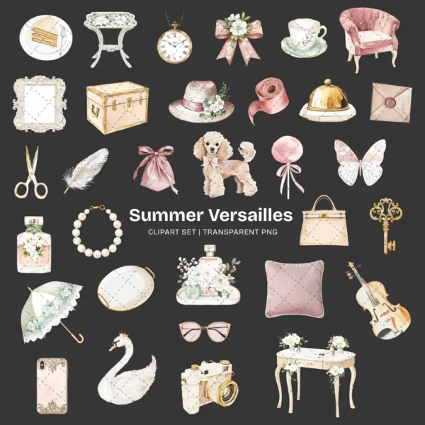 Summer Versailles Clipart Set – French Garden PNG Illustrations, Palace Fountain Hedges Graphics, Elegant Floral, Digital Download