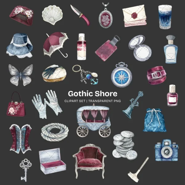 Gothic Shore Clipart Set – Dark Coastal PNG Illustrations, Haunted Summer Graphics, Moody Beach Clipart, Stormy Beach, Digital Download