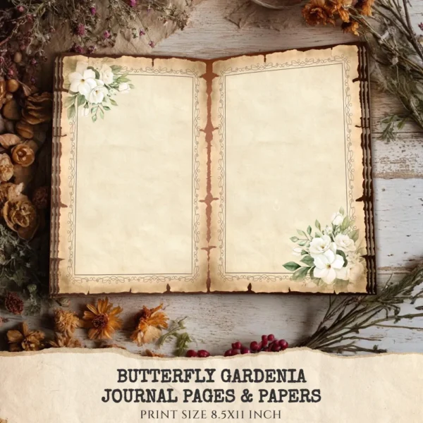 Butterfly Gardenia Junk Journal Pages & Papers – Gardenia Flower, Butterfly Garden Printable, Wedding Scrapbook, Floral, Digital Download