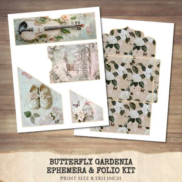 Butterfly Gardenia Ephemera & Folio Kit – Butterfly Garden, Whimsical Gardenia Printables, Pink Floral Tags, Kits, Digital Download