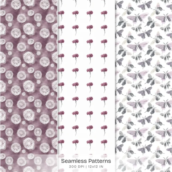 Raven Coquette Seamless Patterns, Moody Florals JPEG, Vintage Gothic Pattern, Victorian lace Repeating Pattern, Digital Scrapbook Paper