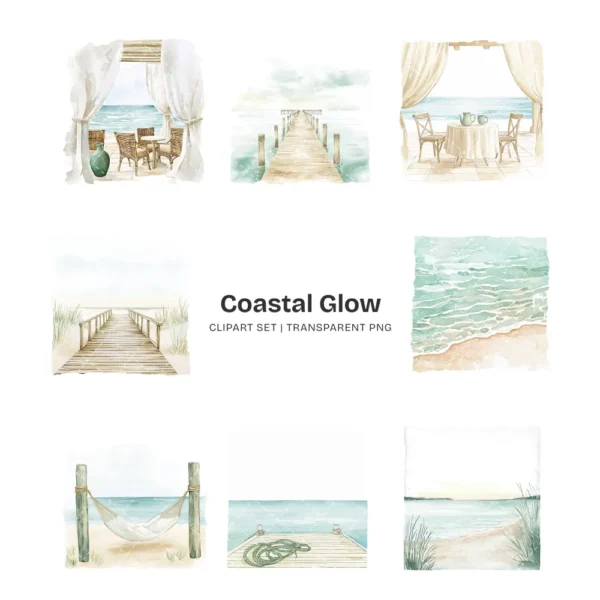 Coastal Glow Clipart Set – Seaside Summer PNG Illustrations, Seashells Clusters, Tropical Beach Graphics, Sandy Paths, Digital Download