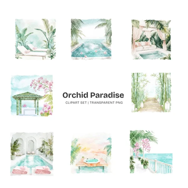Orchid Paradise Clipart Set – Tropical Vacation PNG Illustrations, Summer Resort Graphics, Poolside Drinks, Spa, Digital Download