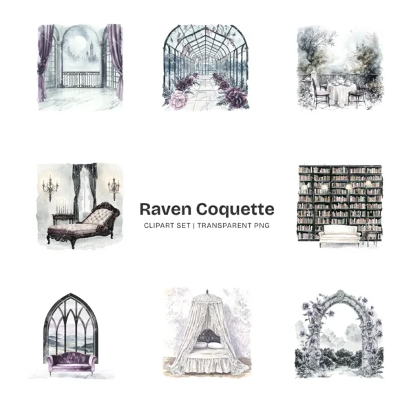 Raven Coquette Clipart Set – Dark Academia PNG Illustrations, Victorian Lace Graphics, Elegant Gothic, Moody Florals, Digital Download