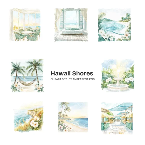 Hawaii Shores Clipart Set – Tropical Beach PNG Illustrations, Coastal Summer Graphics, Island Houses Surfboards Seashells, Digital Download
