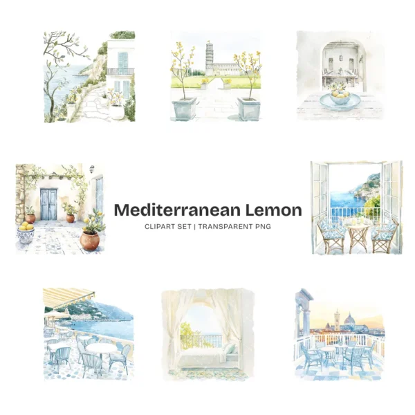 Mediterranean Lemon Clipart Set – Italian Lemon Grove PNG Illustrations, Citrus Summer Graphics, Market Basket, Sunny Days, Digital Download