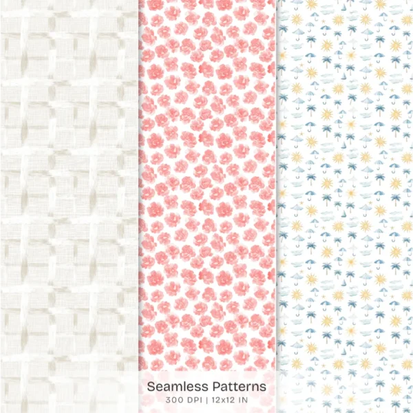 Summer Marina Seamless Patterns, Floral Peony JPEG, Yacht Pattern, Ship Wheel, Anchor, Nautical Repeating Pattern, Digital Scrapbook Paper