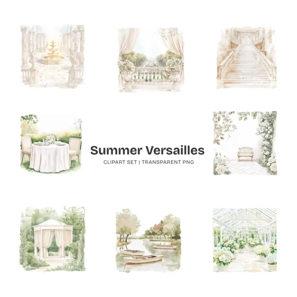 Summer Versailles Clipart Set – French Garden PNG Illustrations, Palace Fountain Hedges Graphics, Elegant Floral, Digital Download