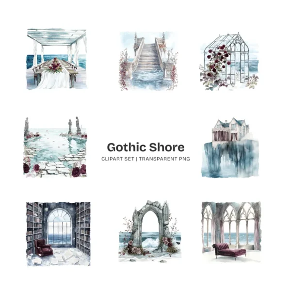 Gothic Shore Clipart Set – Dark Coastal PNG Illustrations, Haunted Summer Graphics, Moody Beach Clipart, Stormy Beach, Digital Download