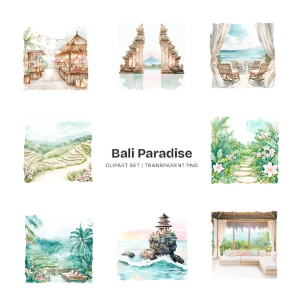 Bali Paradise Clipart Set – Tropical Beach PNG Illustrations, Summer Vacation Graphics, Coastal Clipart, Palm Trees Drinks, Digital Download