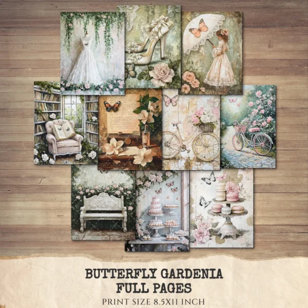 Butterfly Gardenia Junk Journal Pages & Papers – Gardenia Flower, Butterfly Garden Printable, Wedding Scrapbook, Floral, Digital Download