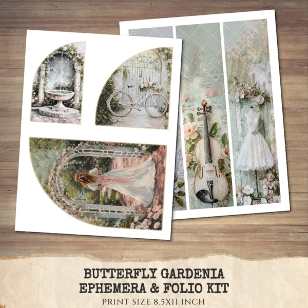Butterfly Gardenia Ephemera & Folio Kit – Butterfly Garden, Whimsical Gardenia Printables, Pink Floral Tags, Kits, Digital Download