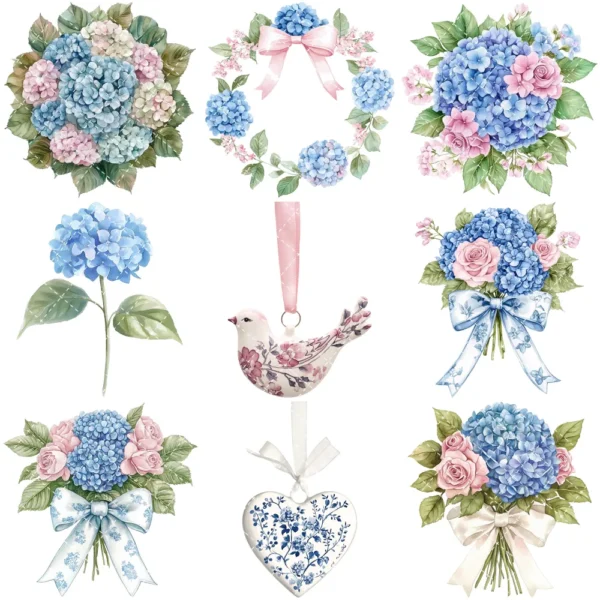 Grandmillennial Garden Floral Arrangements, Blue Floral PNG, Hydrangeas Bouquet, Springtime Art, Floral Decor, Ornaments, Digital Download
