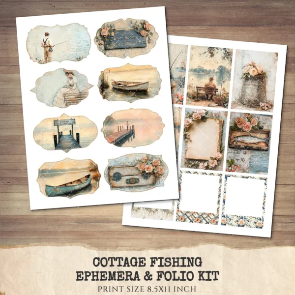 Cottage Fishing Ephemera & Folio Kit – Rustic Fishing, Angler Printables, Vintage, Boots Rods Ponds, Fishing Tags, Kits, Digital Download