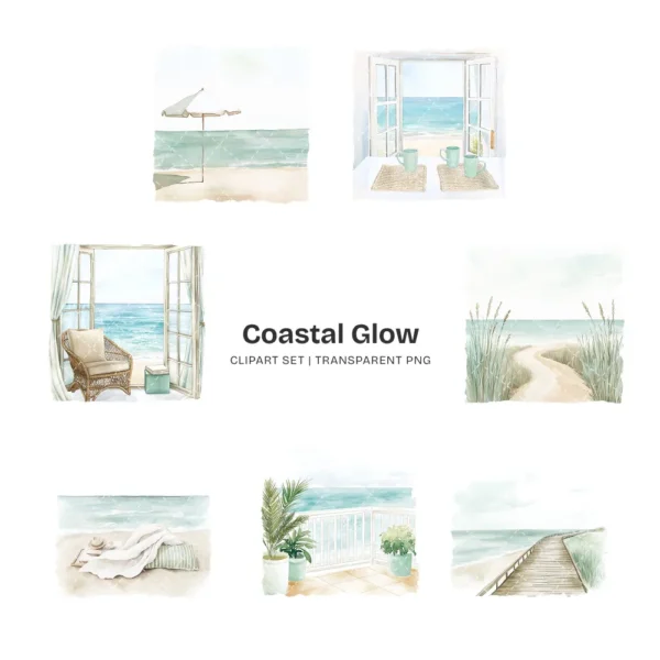 Coastal Glow Clipart Set – Seaside Summer PNG Illustrations, Seashells Clusters, Tropical Beach Graphics, Sandy Paths, Digital Download
