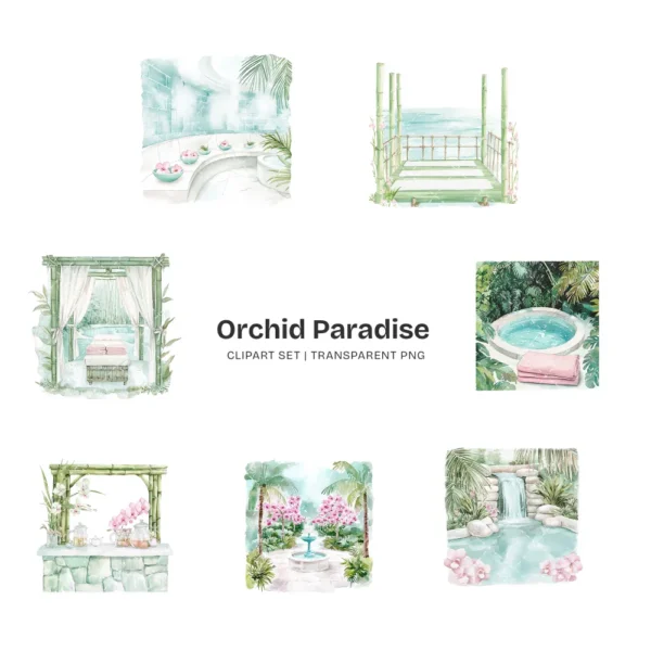 Orchid Paradise Clipart Set – Tropical Vacation PNG Illustrations, Summer Resort Graphics, Poolside Drinks, Spa, Digital Download