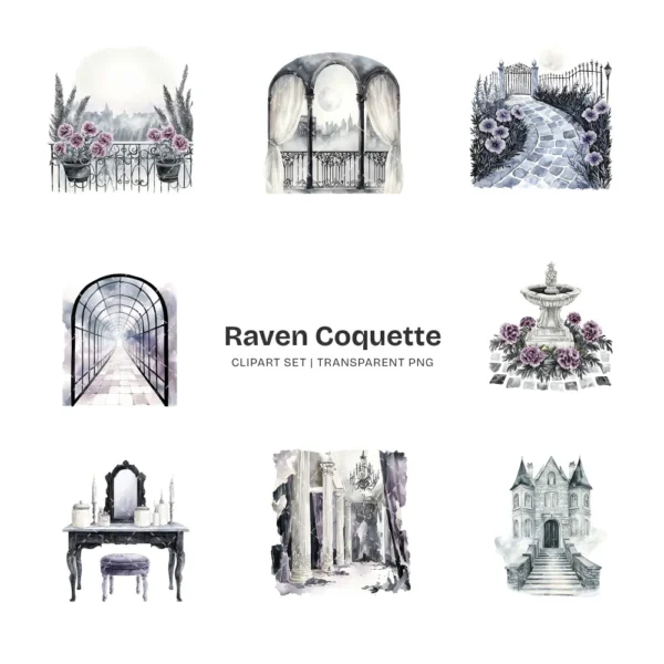 Raven Coquette Clipart Set – Dark Academia PNG Illustrations, Victorian Lace Graphics, Elegant Gothic, Moody Florals, Digital Download