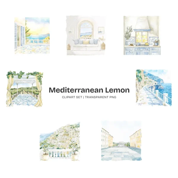 Mediterranean Lemon Clipart Set – Italian Lemon Grove PNG Illustrations, Citrus Summer Graphics, Market Basket, Sunny Days, Digital Download