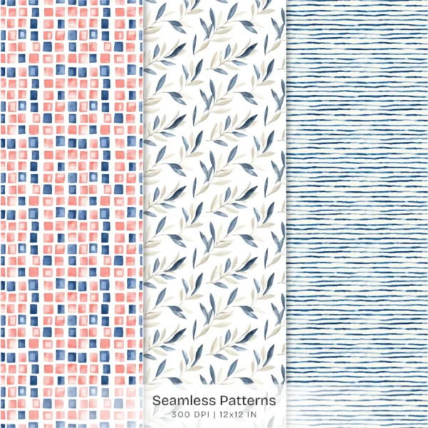 Summer Marina Seamless Patterns, Floral Peony JPEG, Yacht Pattern, Ship Wheel, Anchor, Nautical Repeating Pattern, Digital Scrapbook Paper