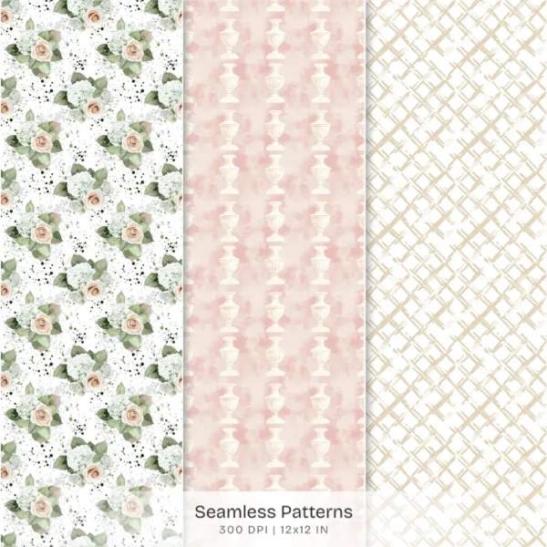 Summer Versailles Seamless Patterns, Garden Rose JPEG, Hydrangea Pattern, Polka, Botanical Repeating Pattern, Digital Scrapbook Paper