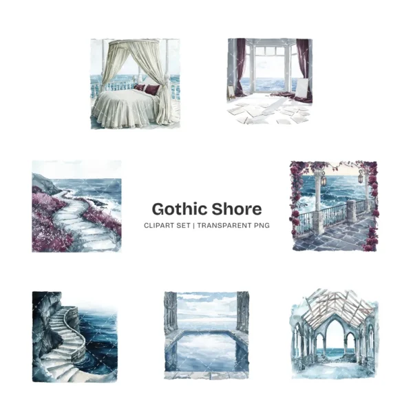 Gothic Shore Clipart Set – Dark Coastal PNG Illustrations, Haunted Summer Graphics, Moody Beach Clipart, Stormy Beach, Digital Download