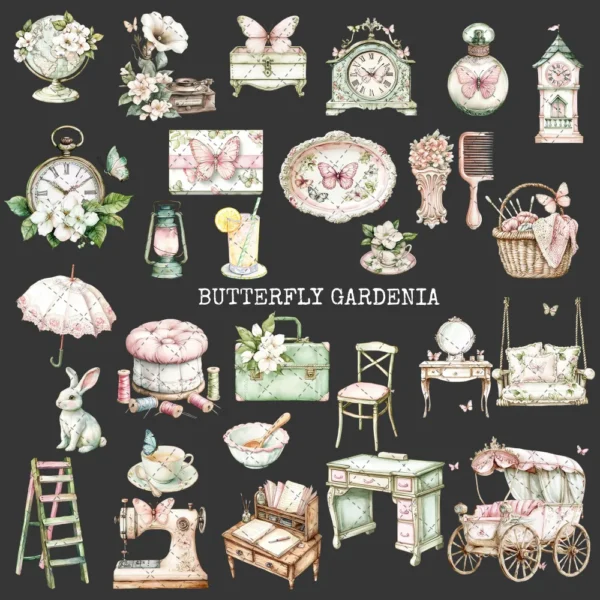 Butterfly Gardenia Clipart Set – Gardenia Flower PNG Illustrations, Whimsical, Dreamy Floral, Butterfly Garden Graphics, Digital Download
