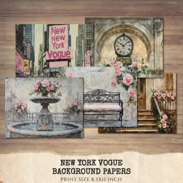 New York Vogue Junk Journal Pages & Papers – Chic New York Travel, Fashion, Modern Travel Printable, Scrapbook, Floral, Digital Download