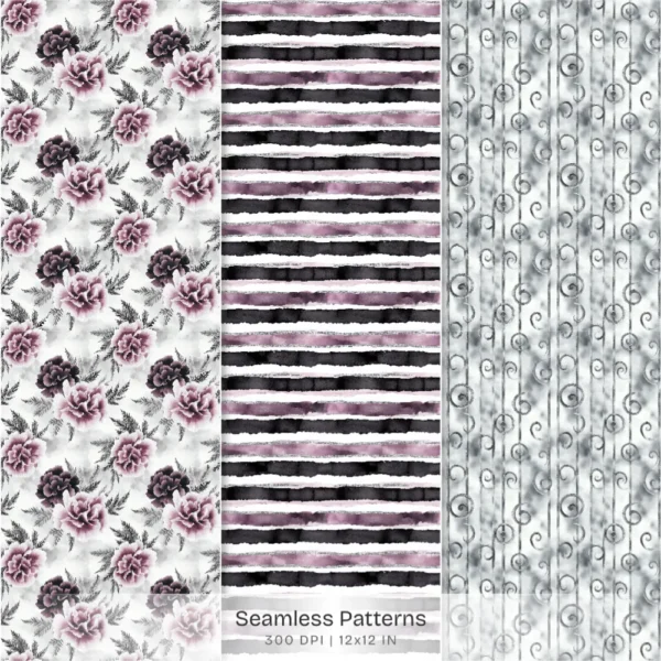 Raven Coquette Seamless Patterns, Moody Florals JPEG, Vintage Gothic Pattern, Victorian lace Repeating Pattern, Digital Scrapbook Paper