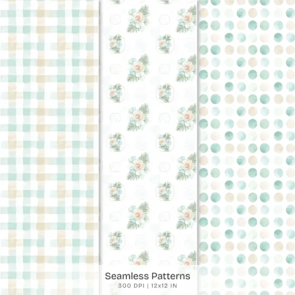 Coastal Glow Seamless Patterns, Summer Floral JPEG, Beach Lanterns Pattern, Seashell Clusters Repeating Pattern, Digital Scrapbook Paper