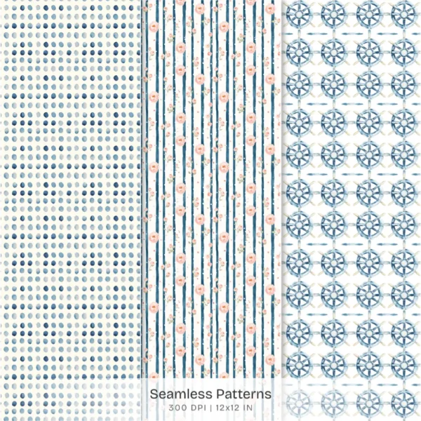 Summer Marina Seamless Patterns, Floral Peony JPEG, Yacht Pattern, Ship Wheel, Anchor, Nautical Repeating Pattern, Digital Scrapbook Paper