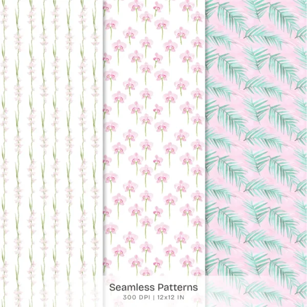 Orchid Paradise Seamless Patterns, Pink Floral JPEG, Summer Resort Pattern, Tropical Spa Wellness Repeating Pattern, Digital Scrapbook Paper