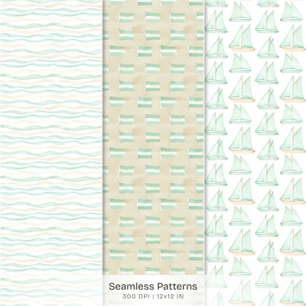 Coastal Glow Seamless Patterns, Summer Floral JPEG, Beach Lanterns Pattern, Seashell Clusters Repeating Pattern, Digital Scrapbook Paper