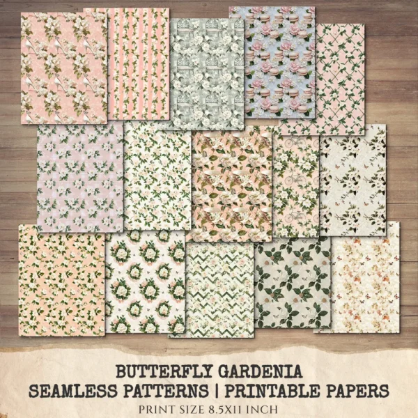 Butterfly Gardenia Junk Journal Pages & Papers – Gardenia Flower, Butterfly Garden Printable, Wedding Scrapbook, Floral, Digital Download