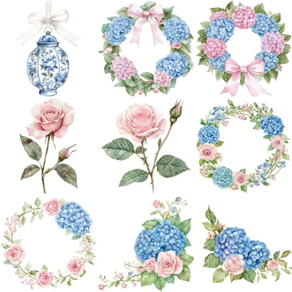 Grandmillennial Garden Floral Arrangements, Blue Floral PNG, Hydrangeas Bouquet, Springtime Art, Floral Decor, Ornaments, Digital Download